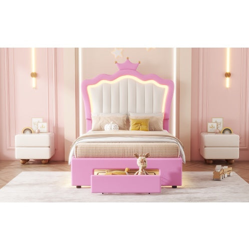 Aurora Twin Upholstered Bed Frame with LED Crown Headboard & Storage Drawer