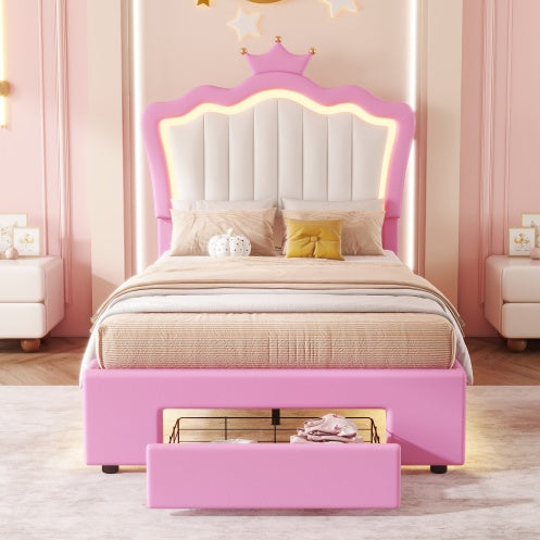 Aurora Twin Upholstered Bed Frame with LED Crown Headboard & Storage Drawer
