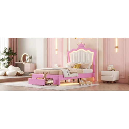 Aurora Twin Upholstered Bed Frame with LED Crown Headboard & Storage Drawer