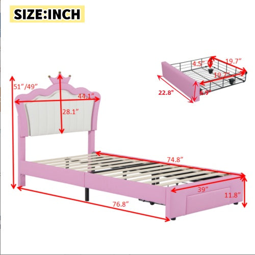 Aurora Twin Upholstered Bed Frame with LED Crown Headboard & Storage Drawer