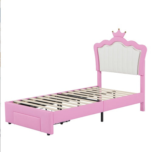 Aurora Twin Upholstered Bed Frame with LED Crown Headboard & Storage Drawer