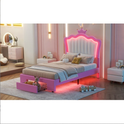Aurora Twin Upholstered Bed Frame with LED Crown Headboard & Storage Drawer