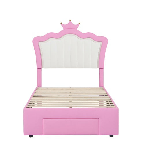 Aurora Twin Upholstered Bed Frame with LED Crown Headboard & Storage Drawer