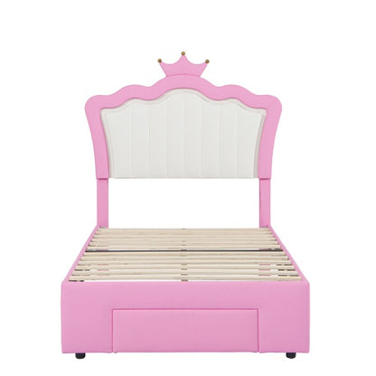 Aurora Twin Upholstered Bed Frame with LED Crown Headboard & Storage Drawer