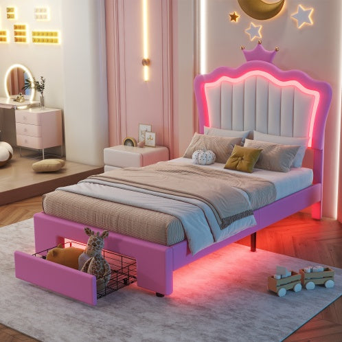 Aurora Twin Upholstered Bed Frame with LED Crown Headboard & Storage Drawer